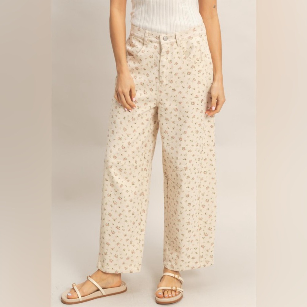 Washed Floral Wide-leg Pants|Pink